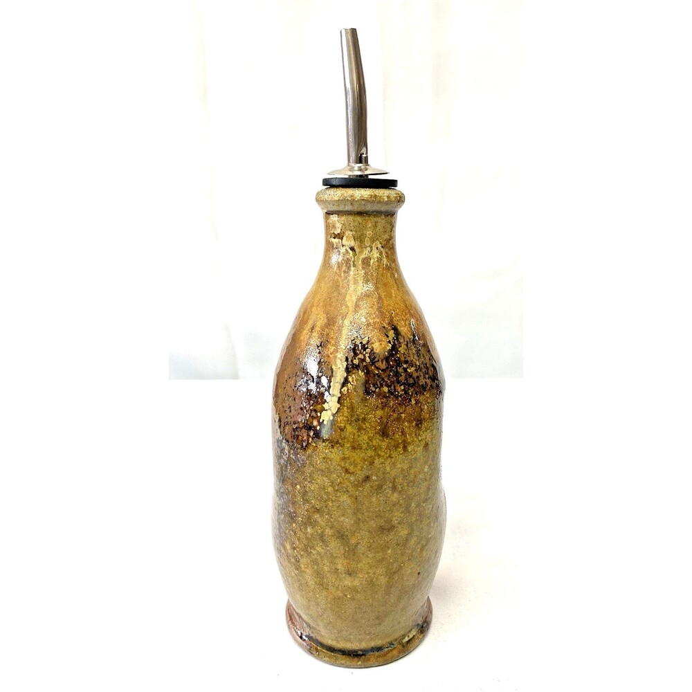 Pottery Brown Green Glazed Olive Oil Stoneware Bottle with Metal Pour Spout 9in